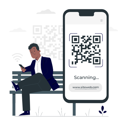 Homem sentado em um banco com celular na mão contendo um QR Code
